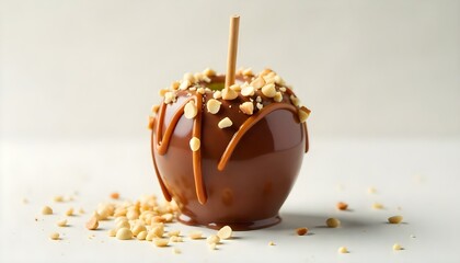 A glossy chocolate-covered apple on a stick, decorated with crushed almonds and a rich caramel drizzle AI Generative