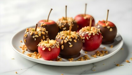 A platter of chocolate-covered apple with a variety of toppings, including caramel drizzle and a mix of chopped sunflower seeds and coconut flakes AI Generative