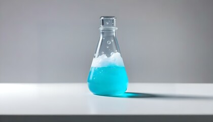 A laboratory flask filled with a bright turquoise chemical solution, creating a frothy effect with bubbles and steam AI Generative