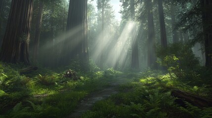 Obraz premium Sunbeams Illuminating a Mystical Redwood Forest Path: A Tranquil Nature Scene
