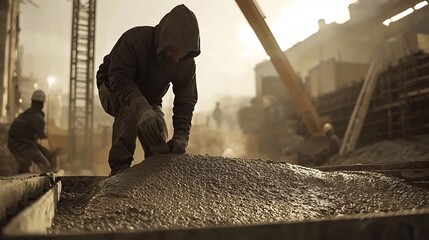 Fototapeta premium Construction Worker Overseeing Concrete Pouring at Building Site