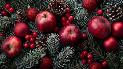 Christmas still life background with red apples, berries and balls, pine branches and berries. Dark color Christmas background