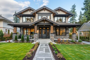 Naklejka premium New luxury home with beautiful exterior green yard and ornate covered porch
