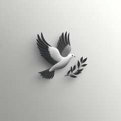 Obraz premium Dove carrying olive branch, peace symbol, monochrome design.