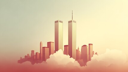 A minimalist graphic design featuring the twin towers in the New York skyline surrounded by soft clouds