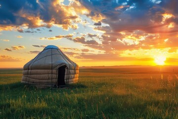 Nomadic yurt at sunset in central Asia grass field