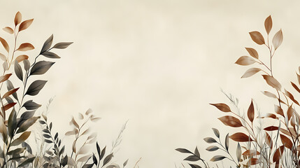 The image is of leaves on a beige background, bordered by painted grass. a mural for a room. Mural. Illustration