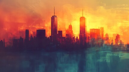 Fototapeta premium A subtle and artistic representation of the twin towers in the New York skyline with a glowing sunrise background
