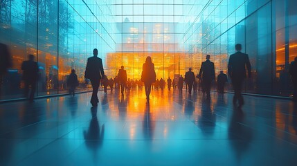 Business people walk through a busy office, creating a blur of motion as they head to meetings and navigate the workspace