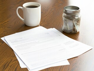 Overhead view cozy workspace document preparation and coffee