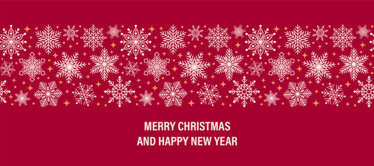 Fototapeta premium Horizontal holiday banner Merry Christmas and New Year. Elegant border made of snowflakes and stars. Vector illustration