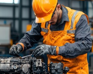 Mechanic painting a restored engine block, adding a personal touch to the work