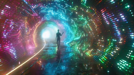 The AI's consciousness is visualized as flowing streams of light and data, forming intricate humanoid silhouettes within a glowing matrix of codes.