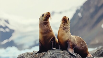 Naklejka premium playful stellar sea lions basking on rocky shores of Alaska