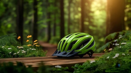 Bicycle Helmet on Forest Trail Mockup. Generative AI