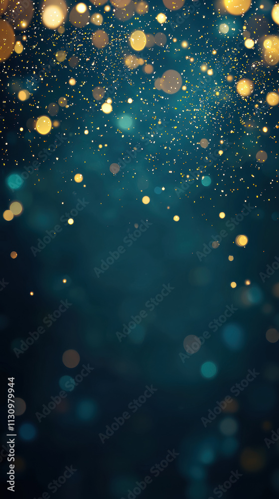 Poster dynamic display of vibrant golden bokeh lights floating against dark background, creating magical an