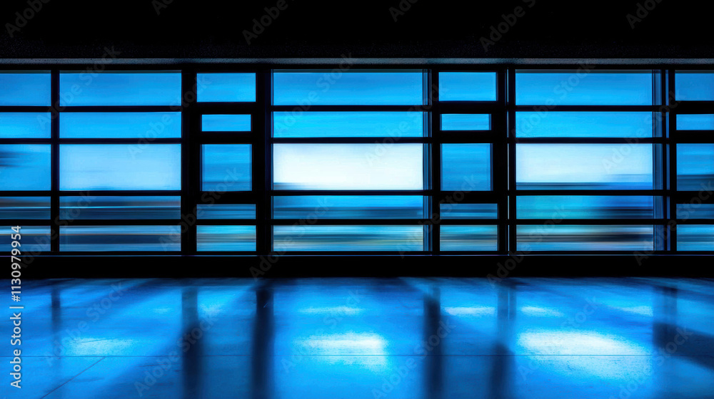 Poster dynamic indoor setting with blue reflections and blurred window view, creating sense of movement and