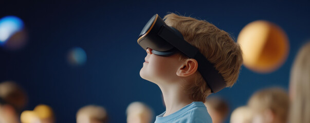 Child wearing virtual reality headset in modern classroom setting, exploring immersive technology and learning experiences. Excitement and curiosity are evident