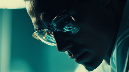 Close-Up Portrait of a Pensive Male Scientist Wearing Glasses in a Dimly Lit Laboratory Setting, Emphasizing Intense Focus and Curiosity