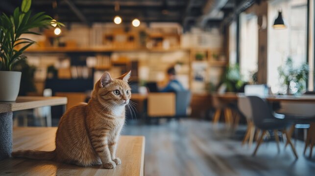 A cozy cafe scene featuring an orange cat sitting on a table amidst a warm and inviting interior with plants and people working.