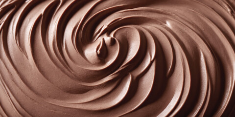 Close-up mocha mousse with spiral cream texture. Chocolate, coffee, ice cream, pudding or yogurt dessert. Soft brown abstract background with color of the year 2025 for wallpaper, poster or banner