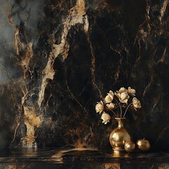 Elegant Floral Arrangement in Ornate Golden Vase Against Moody Textured Backdrop