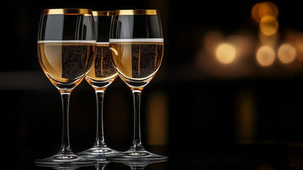 Golden champagne glasses for luxury celebrations on dark background