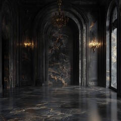 Enchanting Medieval Castle Hallway with Dramatic Lighting and Ornate Gothic Architecture