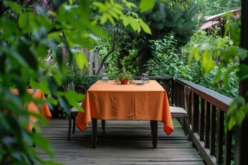 Fototapeta premium Orange tablecloth on dining table on wooden terrace in garden