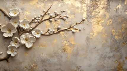 Detailed view of a stucco mural featuring a detailed depiction of a plum blossom with raised texture and gold accents, set against a faint image of a japanese spring garden. Mural. Illustration