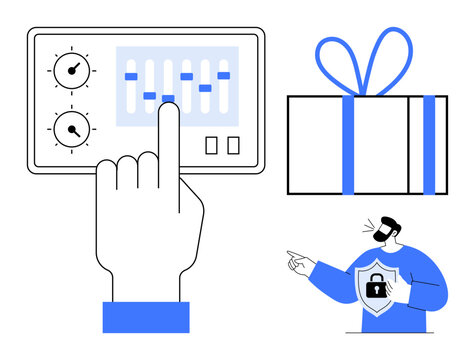 Person adjusting settings on a control panel, a gift box with a bow, and a person with a shield badge. Ideal for technology, security, customization, user interface, gift, protection and digital