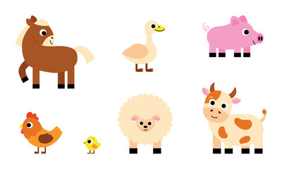 Fototapeta premium Set of cow, pig, chicken, sheep, goose, horse domestic animals. Funny childish agriculture, farming. Countryside farm barnyard 