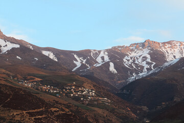 mountains in the snow, Mountain Village, Village on the Mountain with Old Houses and Snowy Mountain, Persia