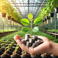 plant growing in coins	