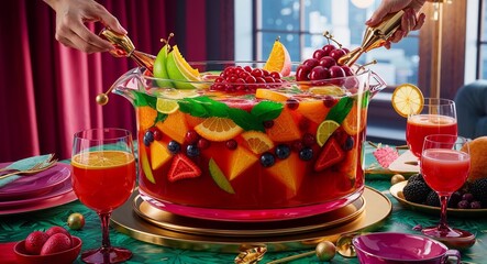 Fototapeta premium Creating a festive fruit punch with colorful layers for an eyecatching toast