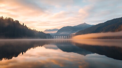 Obraz premium A modern hydroelectric dam surrounded by mist and mountains, sunrise reflecting on the reservoir, symbolizing clean energy’s strength and serenity