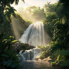 Lush Tropical Waterfall in Verdant Jungle Landscape Cascading into Serene River