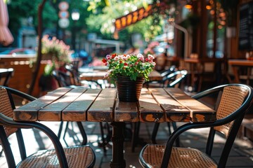 Outdoor restaurant with empty tables and chairs for tourists