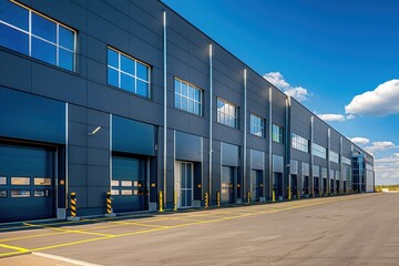 Outside of contemporary warehouse with office unit