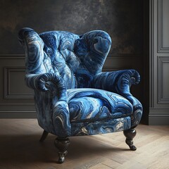 Magnificent Antique Blue Velvet Armchair in Opulent Interior Setting