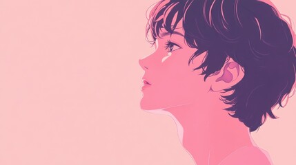 portrait in profile of a young handsome anime guy with short hair on a pale pink background