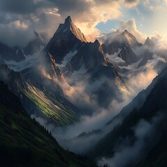 Majestic Peaks Shrouded in Dramatic Clouds and Fog Towering Over Serene Alpine Valley Landscape