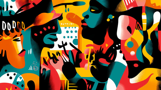 A vibrant abstract mural style wallpaper that celebrates the harlem renaissance, blending music, literature, and art. black history month concept. Mural. Illustration