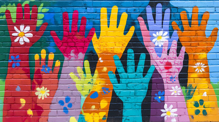 A vibrant mural featuring painted childrens hands demonstrates teamwork as kids engage in a community service project. Mural. Illustration