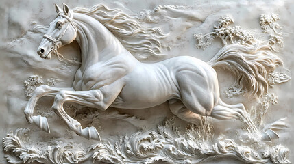 Beautiful horse relief wallpaper featuring a majestic horse in a mural style, horse, beautiful,relief, wallpaper. Mural. Illustration