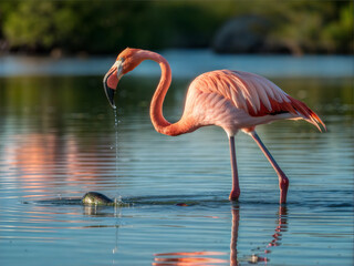 Fototapeta premium Pink flamingo catching fish in shallow water at sunset with reflection