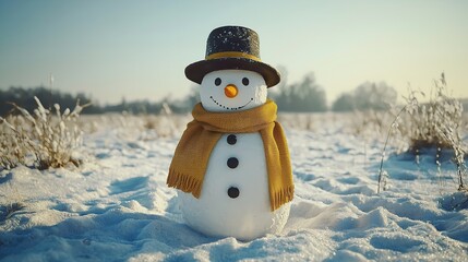Obraz premium Funny snowman wearing a stylish hat and yellow scarf outdoors.