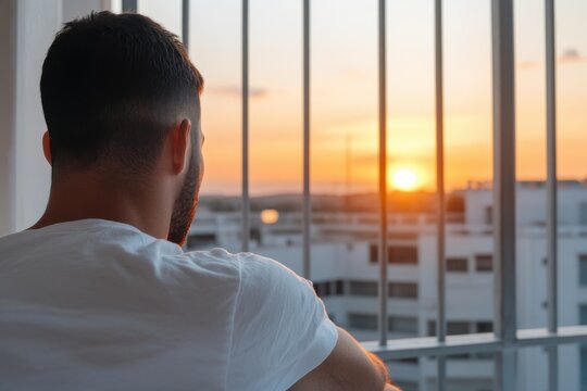 The image captures a contemplative man observing the sunset through prison bars, symbolizing feelings of isolation and yearning for freedom.