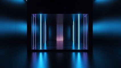 Futuristic 3D Abstract Scene with Electric Blue Neon Glow and Matte Black Background