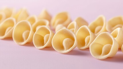 Close-up of Laid-out Orecchiette Pasta on Smooth Pink Surface for Food and Culinary Contexts